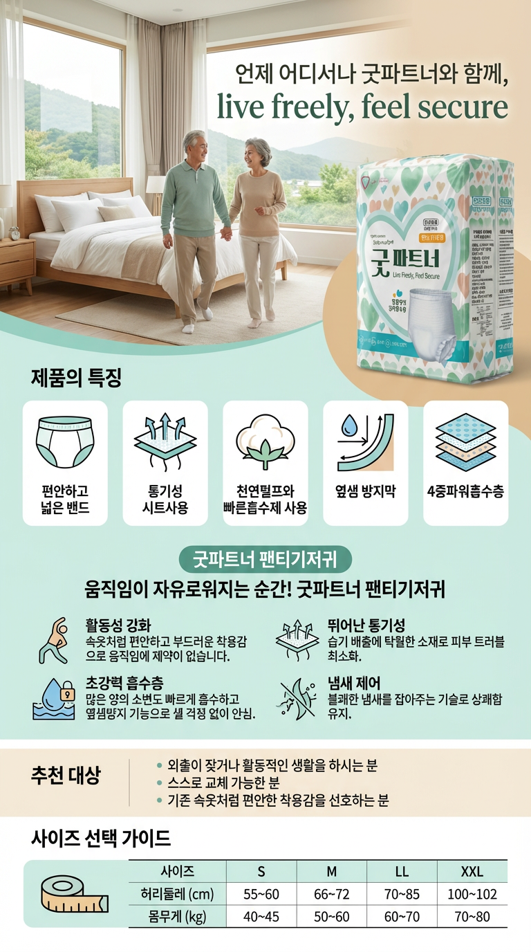 Firefly_Gemini Flash_참고이미지를 바탕으로 성인용 기저귀 패키지. 상세 페이지 이미지 구성해줘, 디자인 형태는 인포그래픽 형태로 만들어줘, 패키지 이미지는 상단 오른쪽에 위치 87393.png