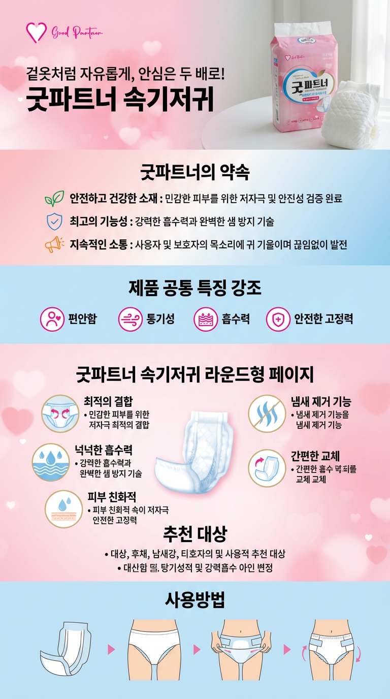 Firefly_Gemini Flash_참고이미지를 바탕으로 성인용 기저귀 패키지. 상세 페이지 이미지 구성해줘, 디자인 형태는 인포그래픽 형태로 만들어줘, 패키지 이미지는 상단 오른쪽에 위치 969520.png